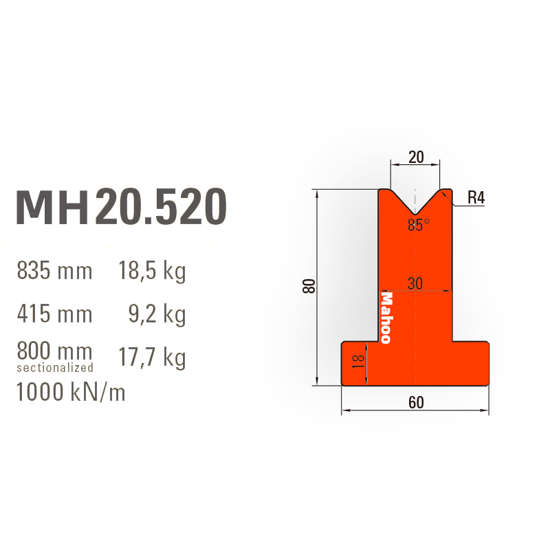 百超折彎機(jī)模具-T型折彎下模-V20-85°（86°/88°）-H80