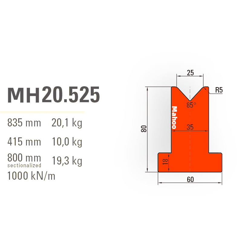 百超折彎機(jī)模具-T型折彎下模-V25-85°（86°/88°）-H80